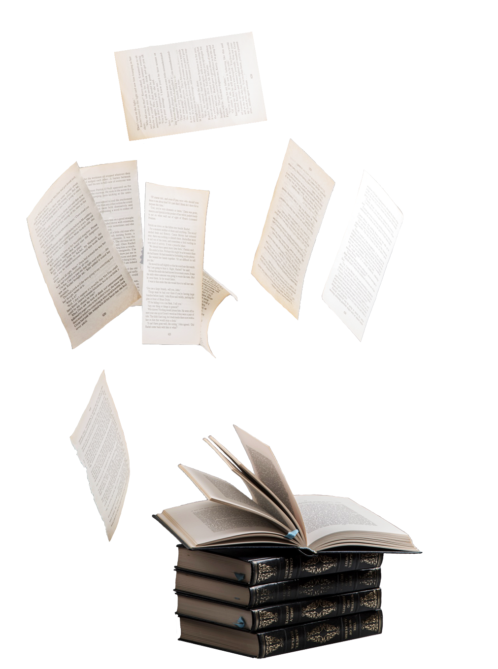 Flying Book Pages Above Stacked Leather Volumes