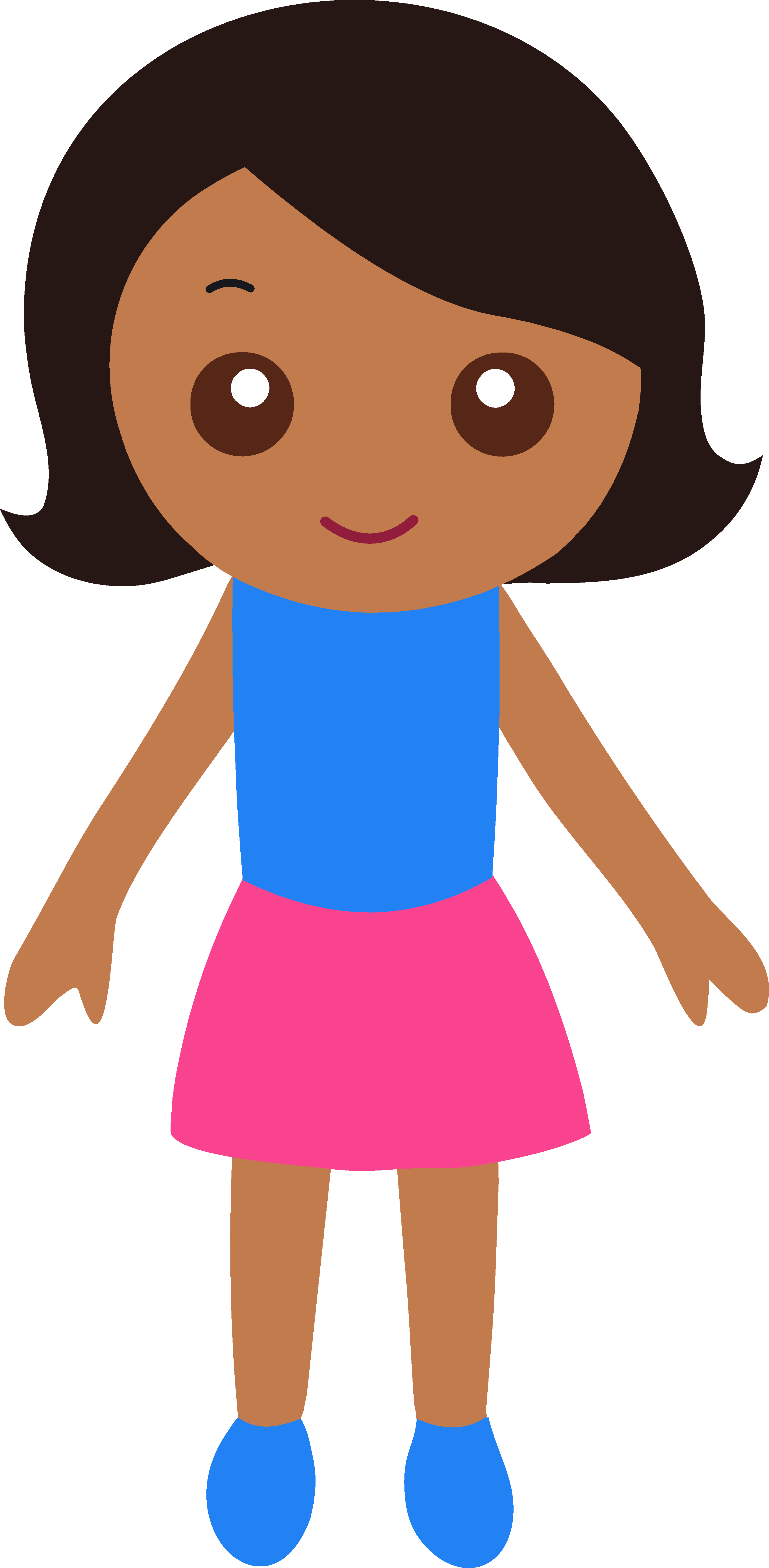 Cartoon Girl with Black Bob Hair and Pink Skirt