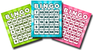Three Bingo Cards in Green, Blue and Pink