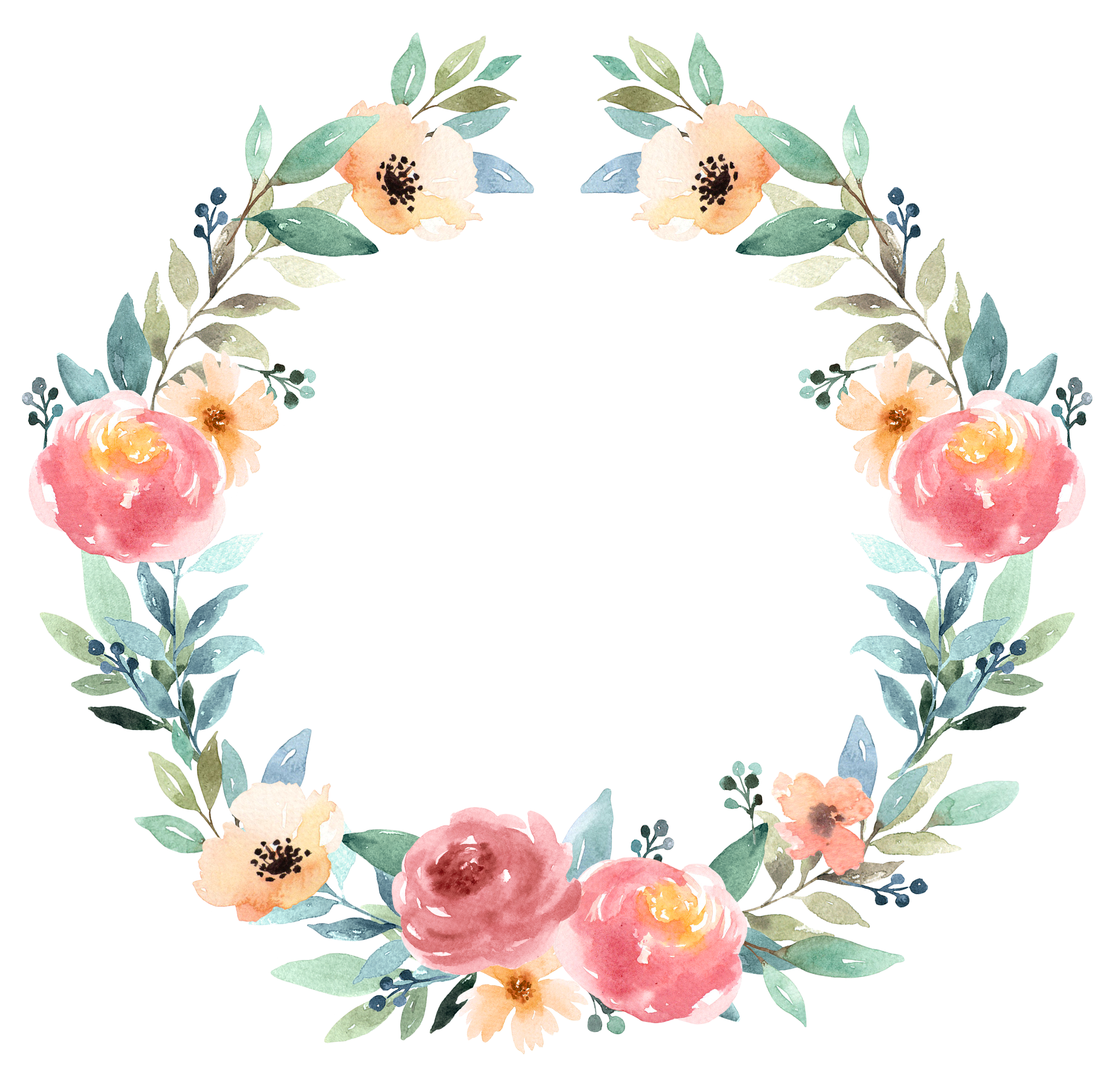 Watercolor Peach Flowers Circle Wreath Frame Ultra HD PNG Free Download