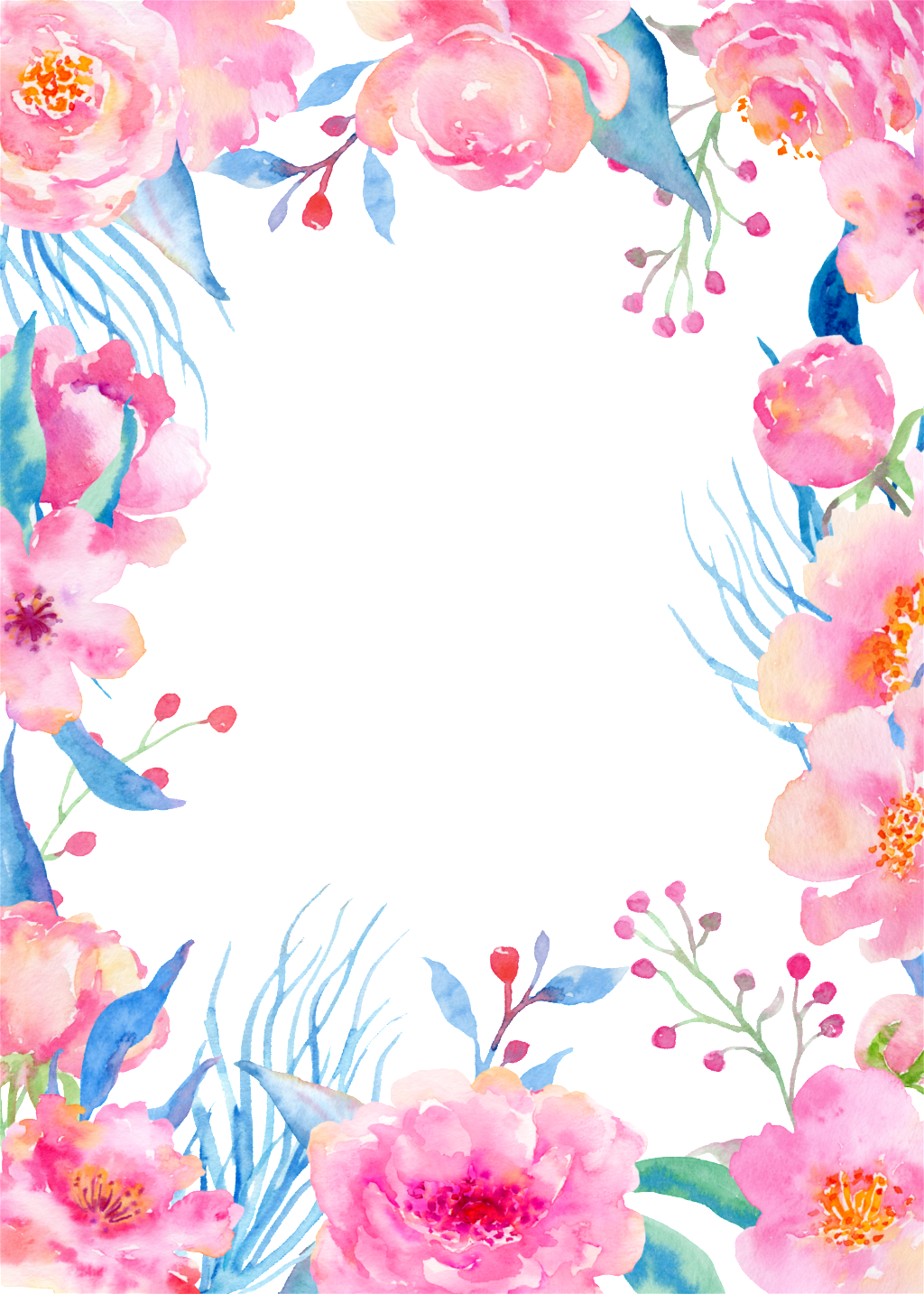 Watercolor Pink Peonies Rectangle Floral Frame PNG