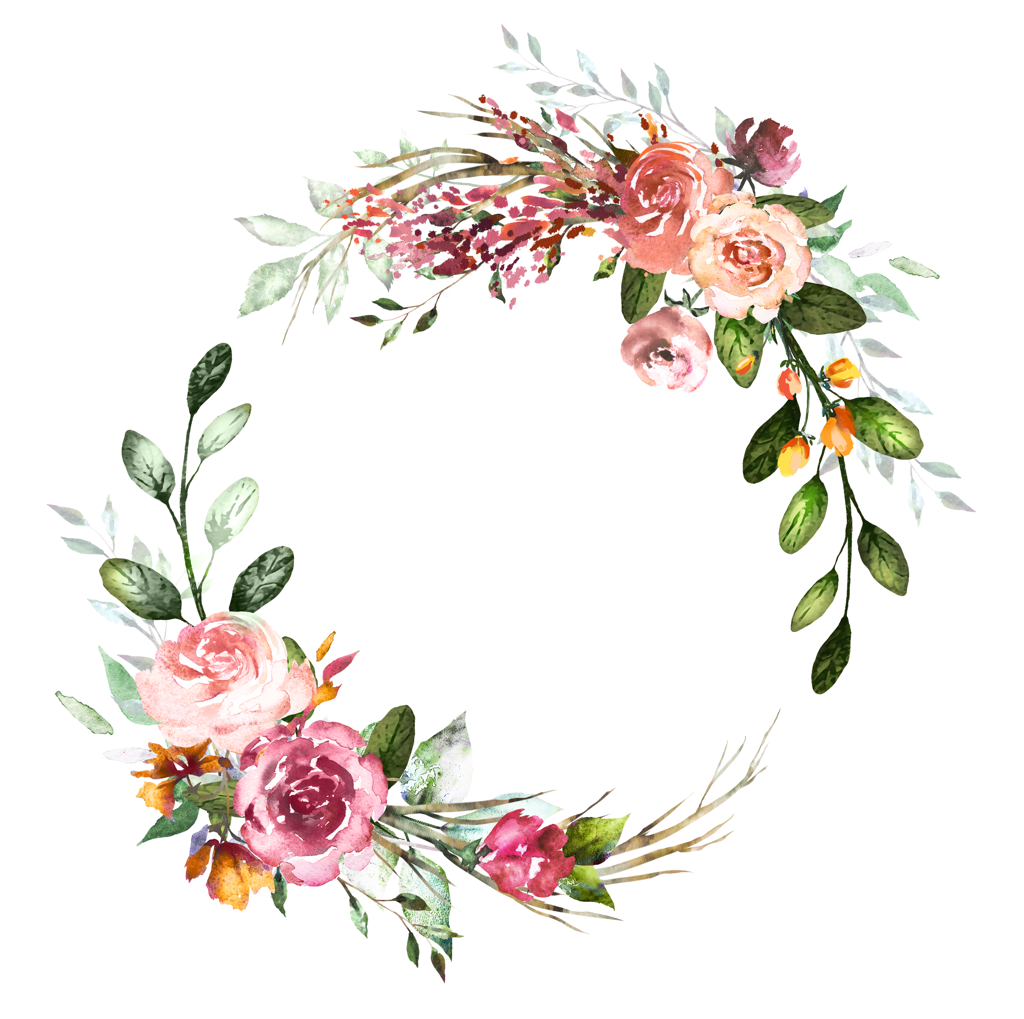 Watercolor Pink Roses Round Wreath Frame Ultra HD Transparent Background PNG Image