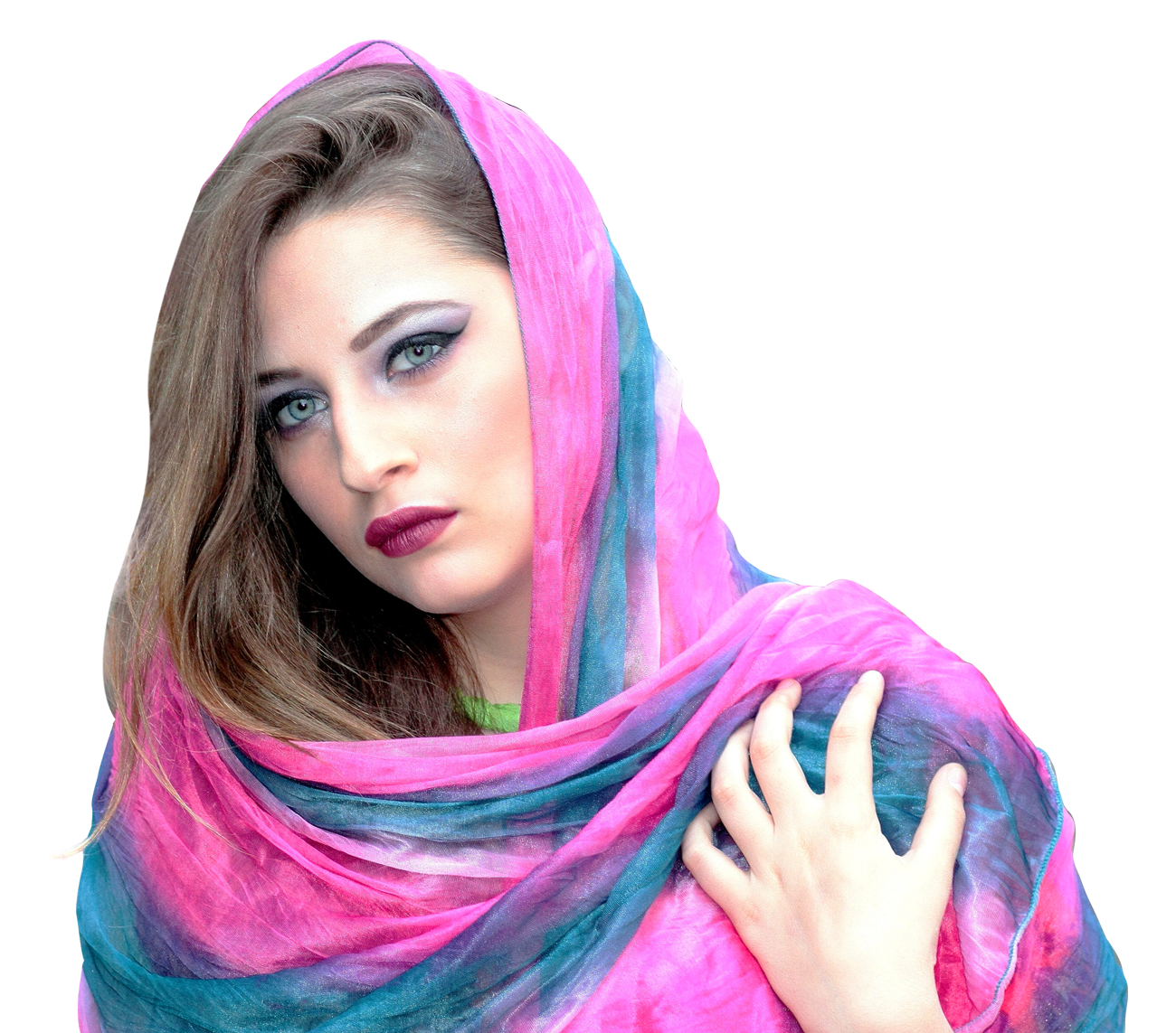 Woman in Pink and Teal Draped Silk Scarf