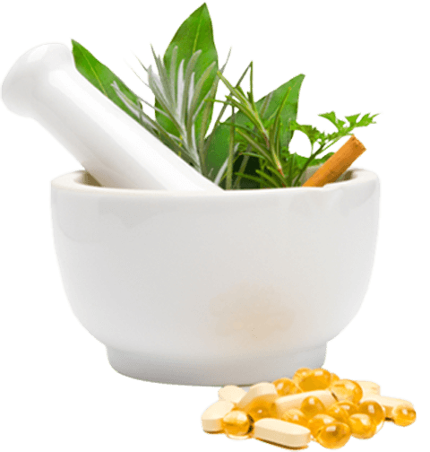 White Mortar and Pestle with Fresh Herbs