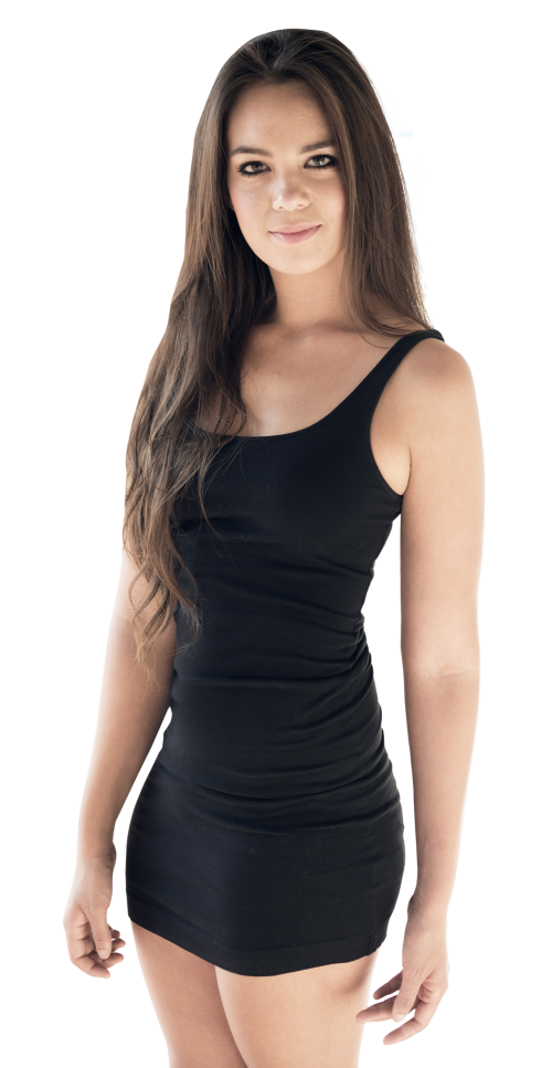Young Woman In Black Tank Dress Long Hair Standing PNG File