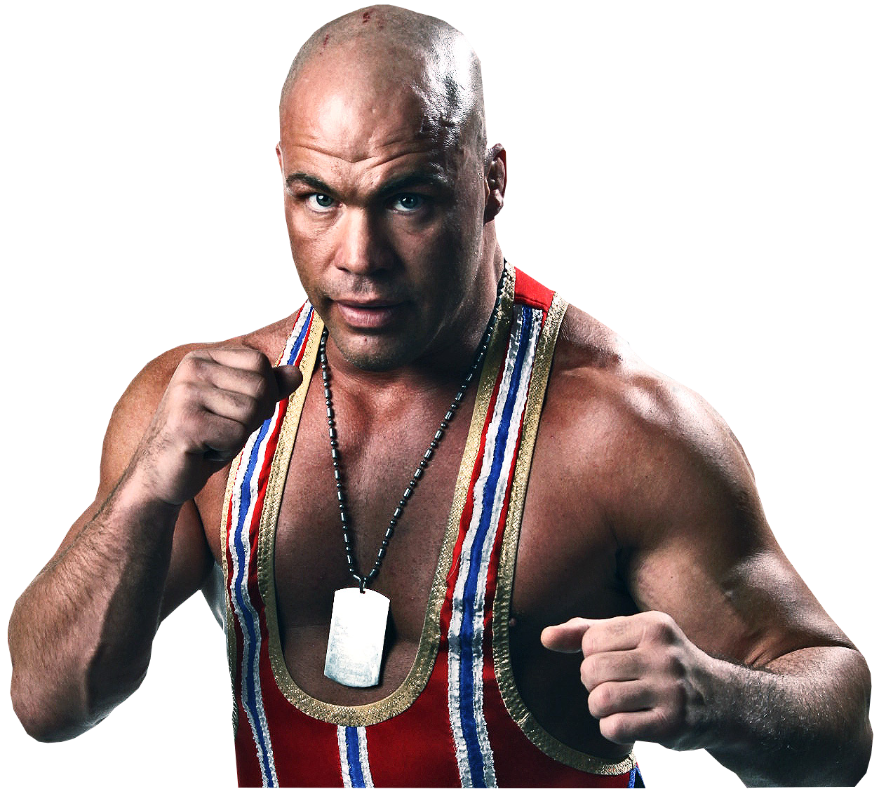 Bald WWE Wrestler In Red White And Blue Singlet Fists Up PNG File