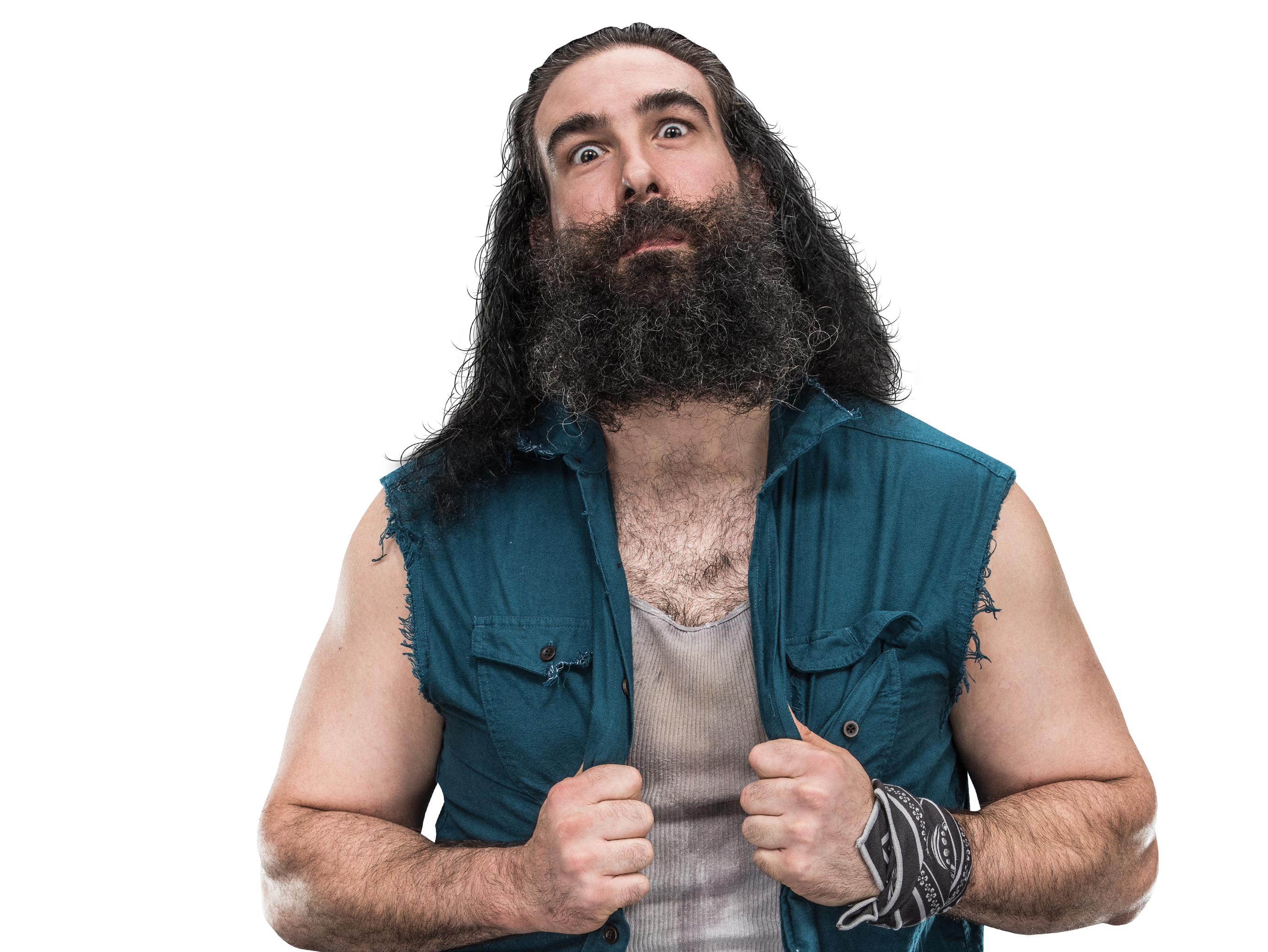 Bearded WWE Wrestler In Teal Vest Long Hair Ultra HD PNG