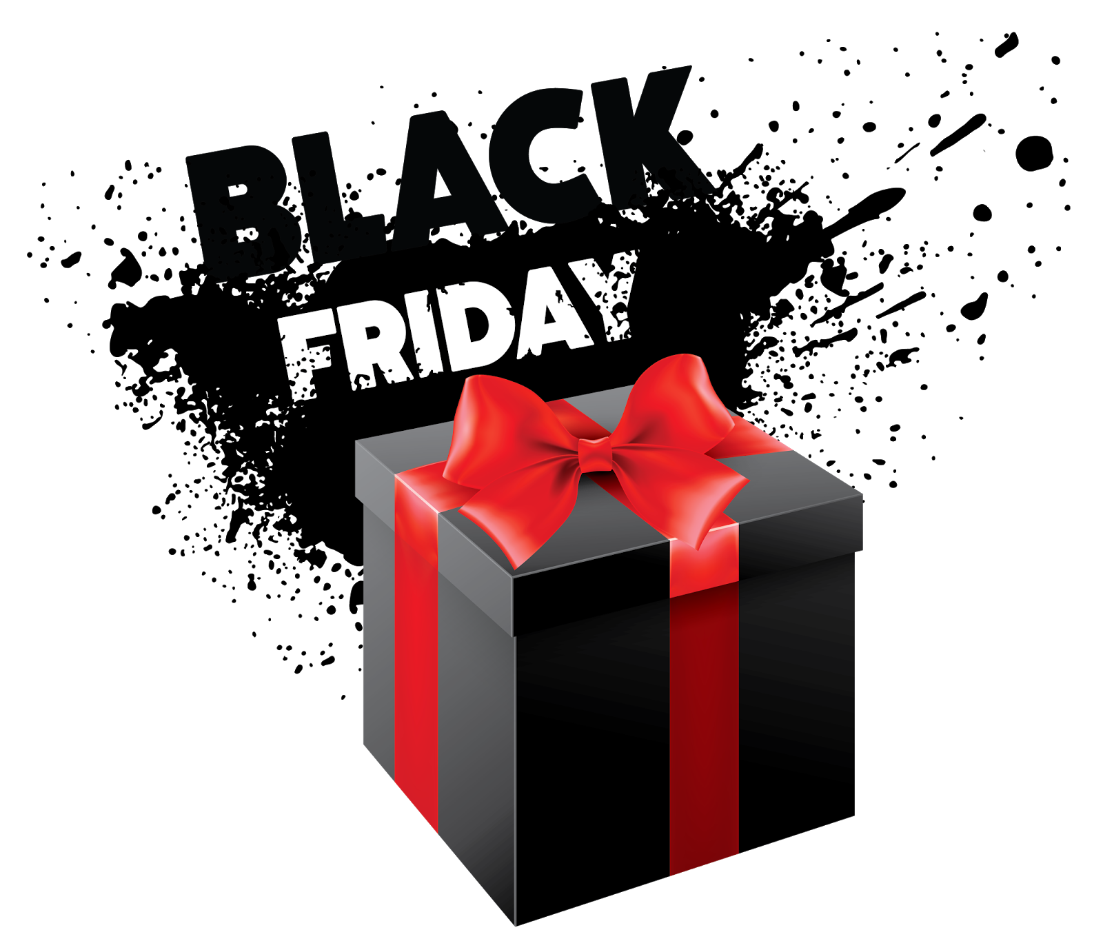 Black Friday Gift Box With Red Bow Grunge Splatter PNG Photo