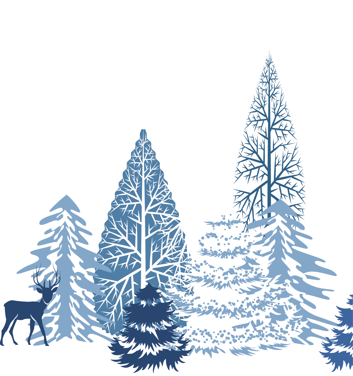 Blue And White Winter Pine Trees With Deer Silhouette PNG Clipart