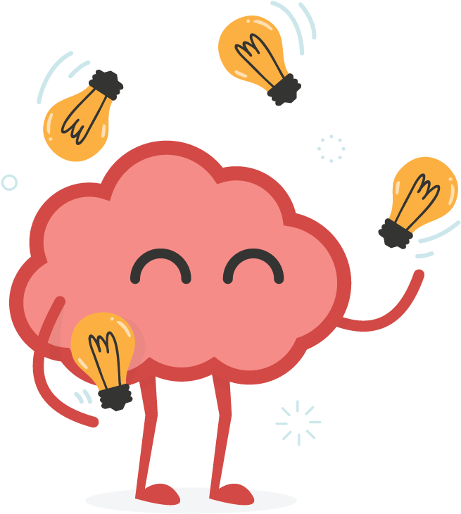 Cute Pink Brain Character Juggling Light Bulbs PNG Clipart
