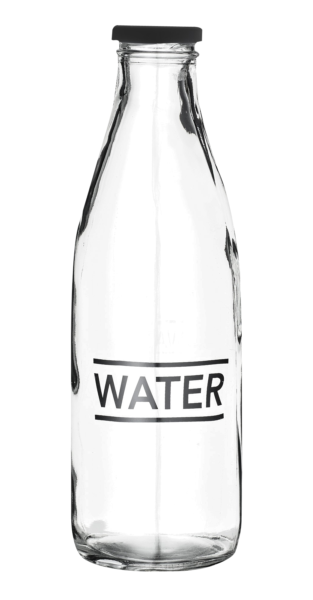 Glass Water Bottle With Water Text Label Front View PNG