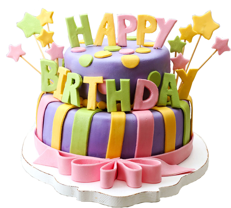 Happy Birthday Fondant Cake With Colorful Stripes And Letters Transparent Background PNG Image