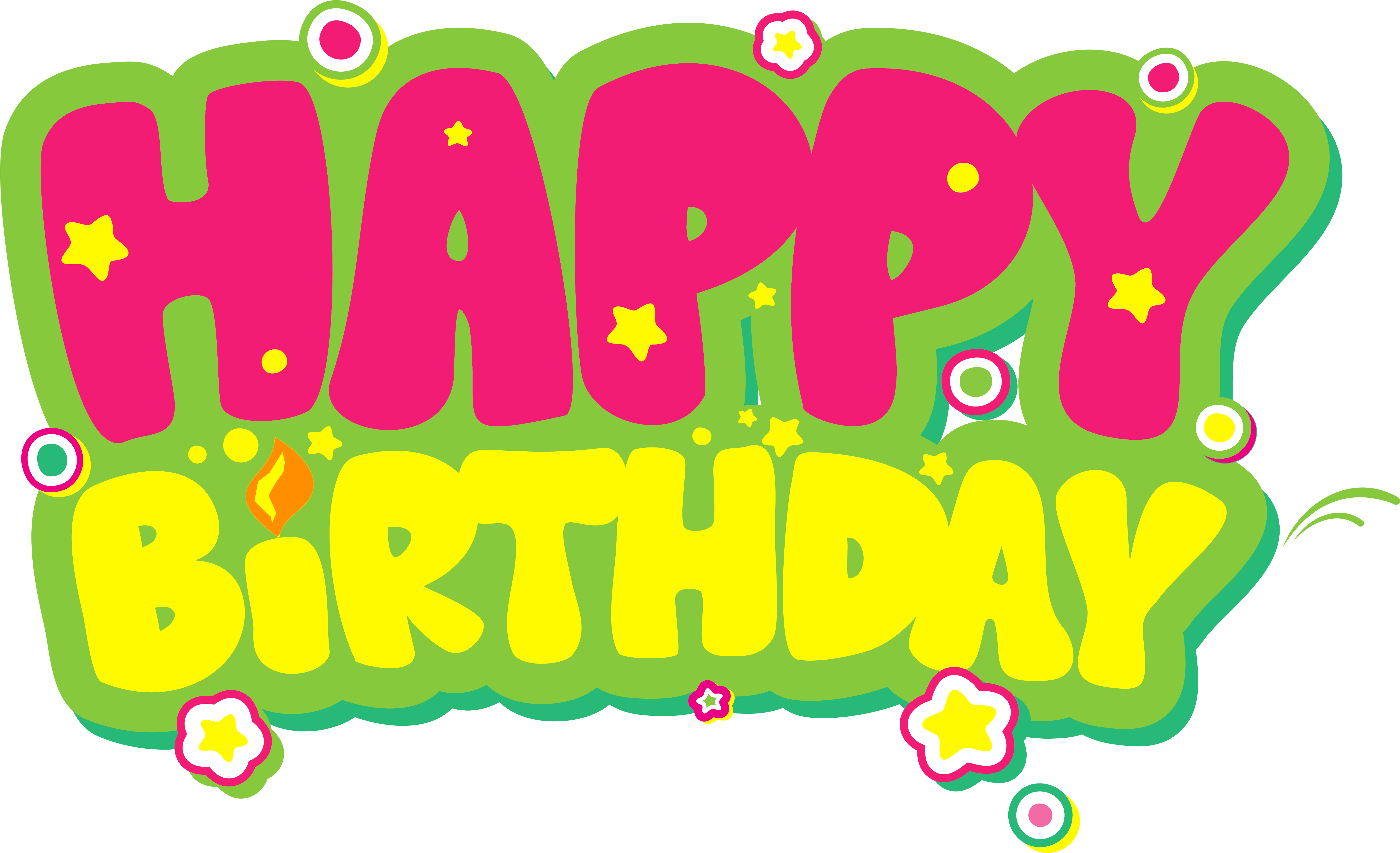 Happy Birthday Pink And Yellow Bubble Text Green Border 5K PNG Overlay