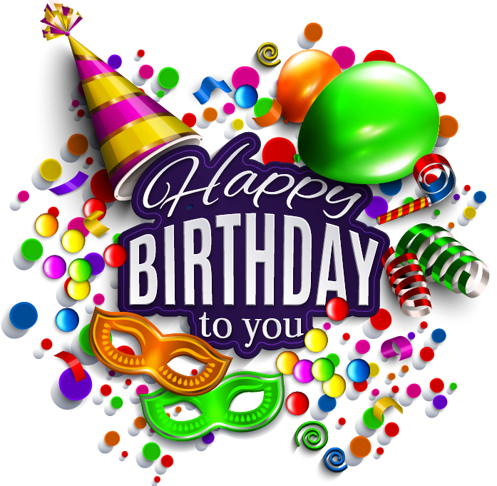 Happy Birthday To You Badge With Party Hat And Masks PNG Picture