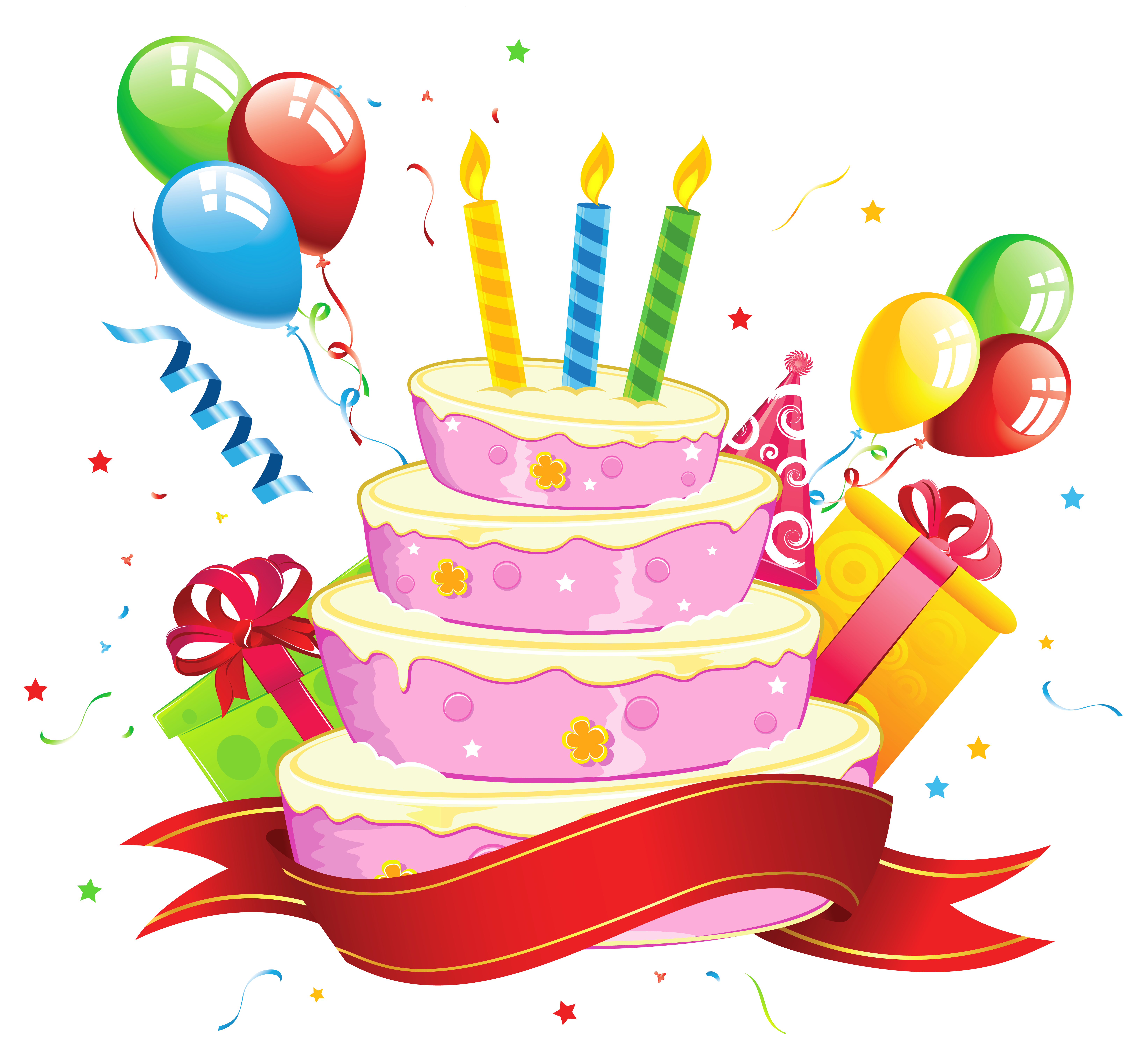 Pink Birthday Cake With Candles Balloons And Ribbon Banner 6K PNG