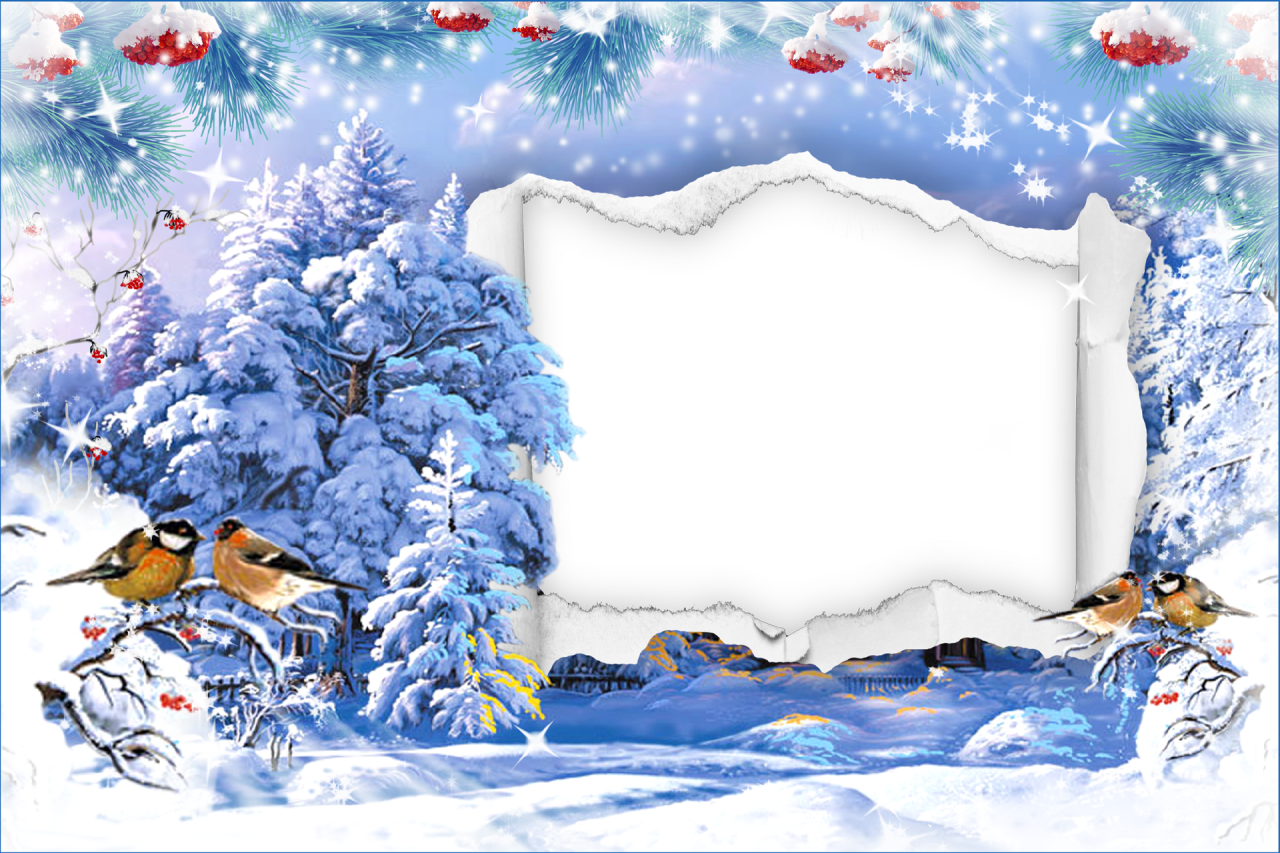 Snowy Forest Winter Frame With Bullfinch Birds Torn Paper PNG File