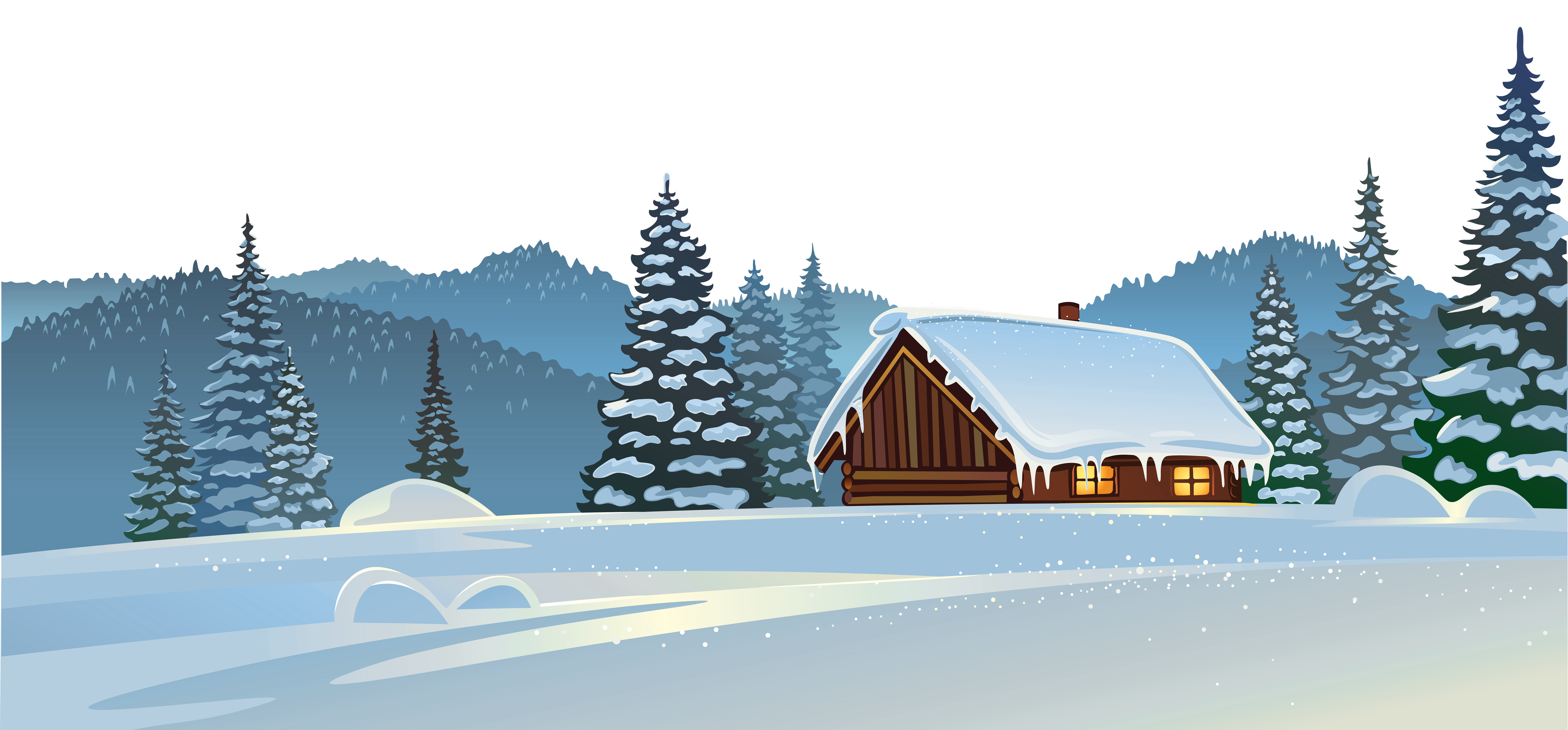 Snowy Log Cabin In Winter Forest Panorama 8K PNG