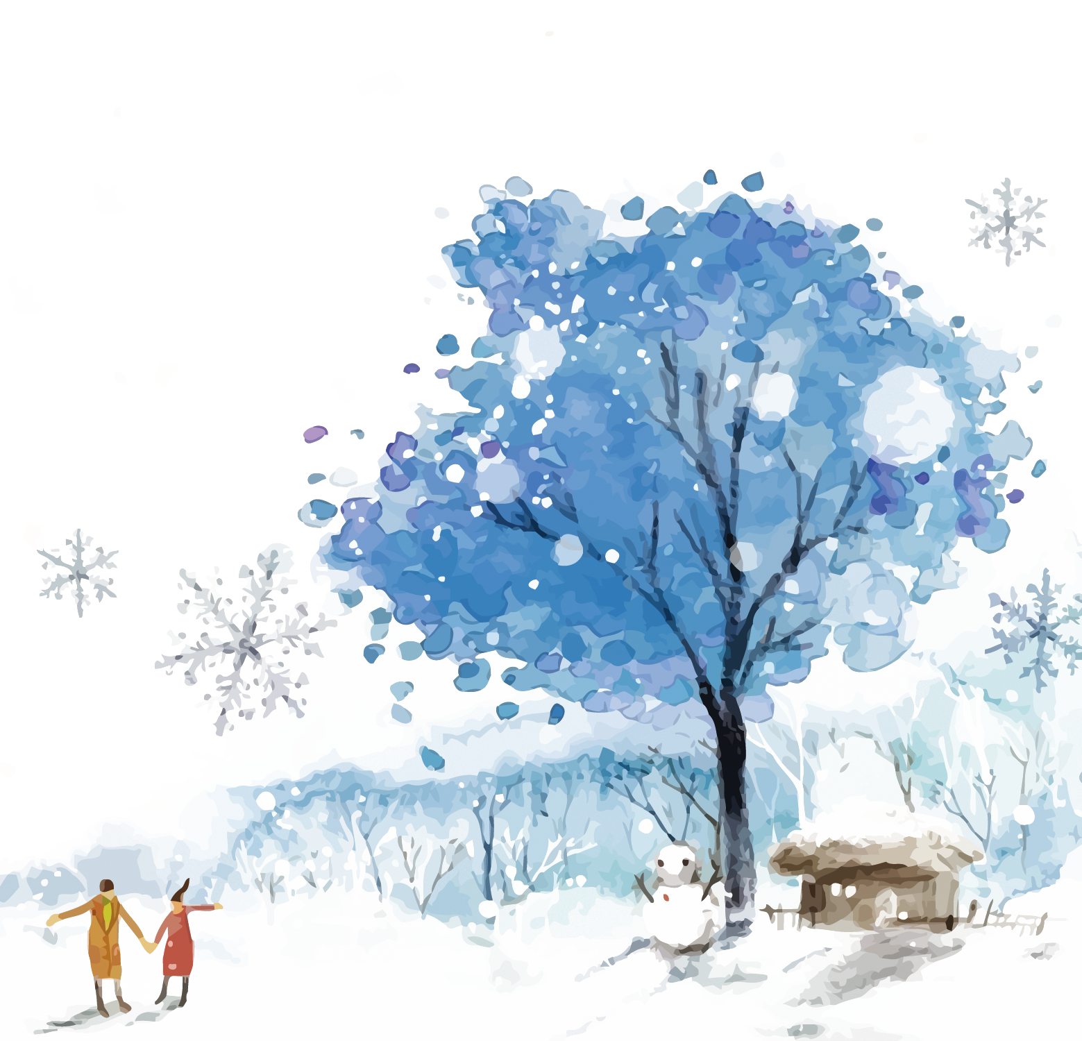 Watercolor Blue Winter Tree With Couple And Snowman PNG