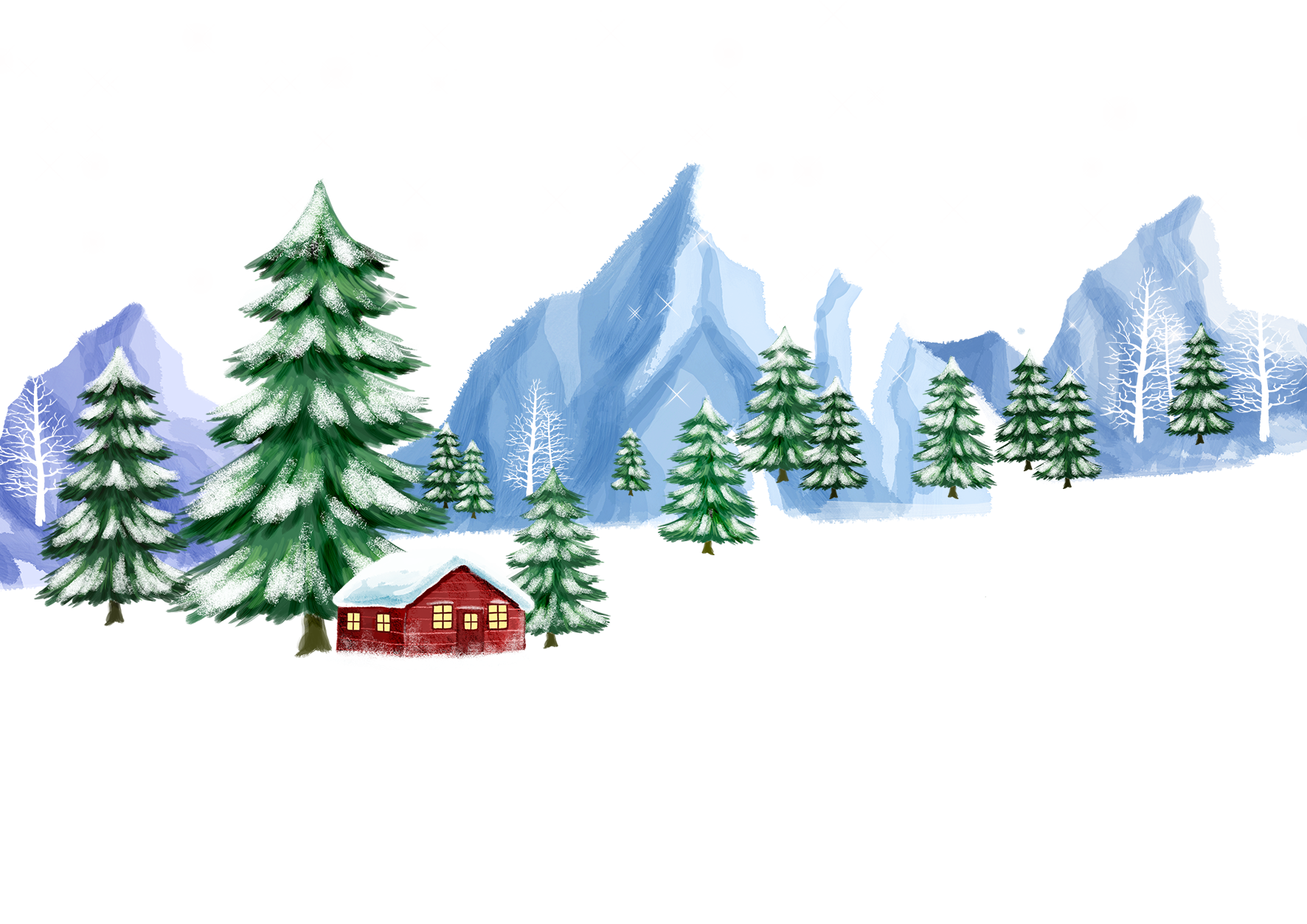 Winter Landscape With Snowy Mountains Pine Trees And Red Cabin PNG