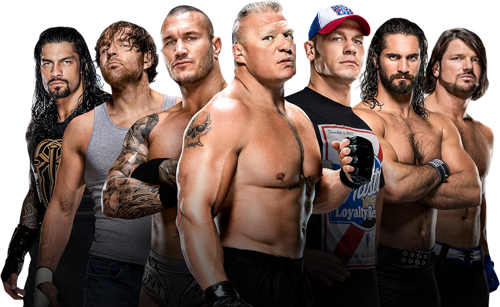 WWE Superstars Group Photo Seven Wrestlers PNG