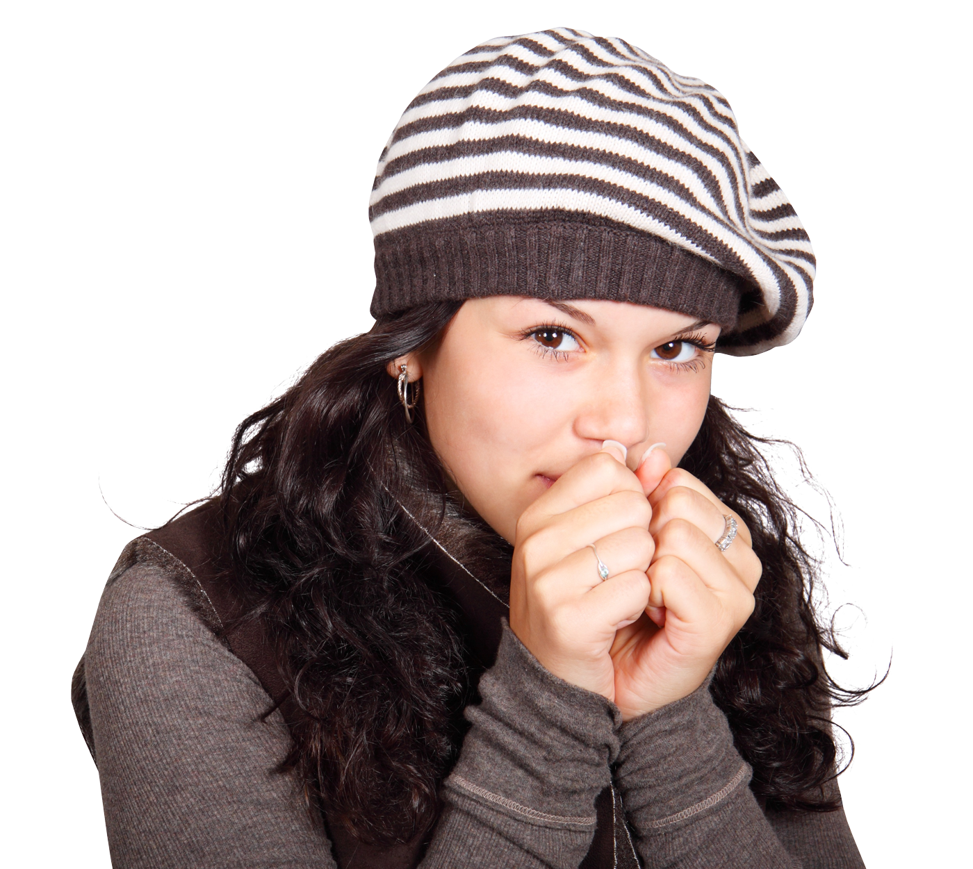 Young Woman In Striped Beanie Blowing On Cold Hands PNG