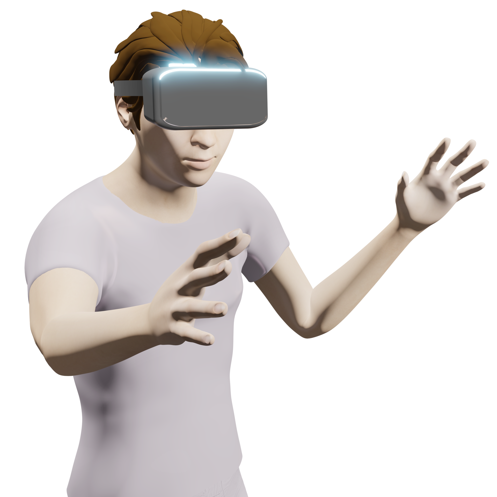 3D Man in Glowing VR Headset Gesturing