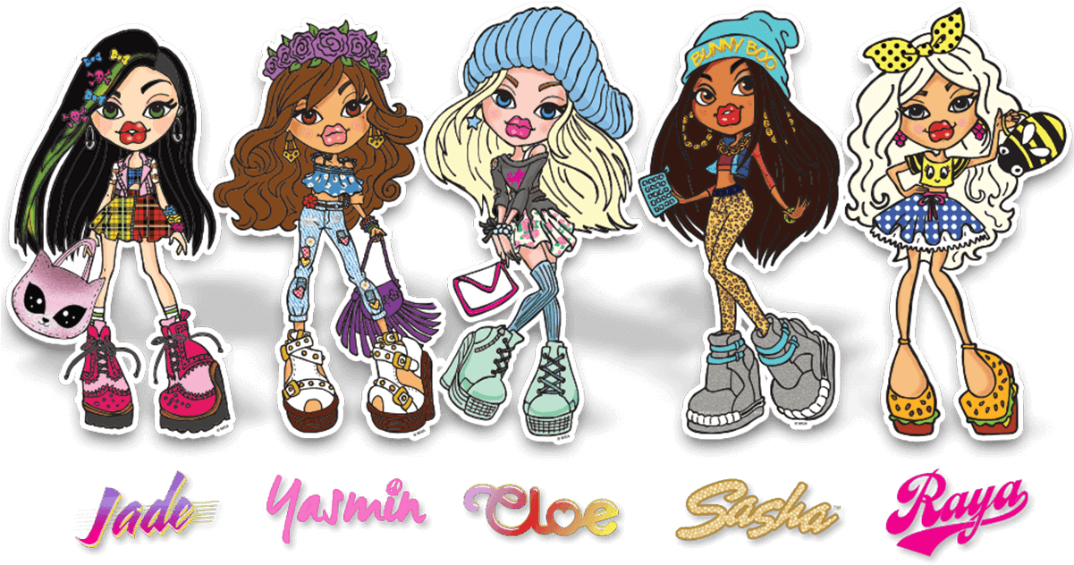 Five Cartoon Fashion Dolls with Name Labels