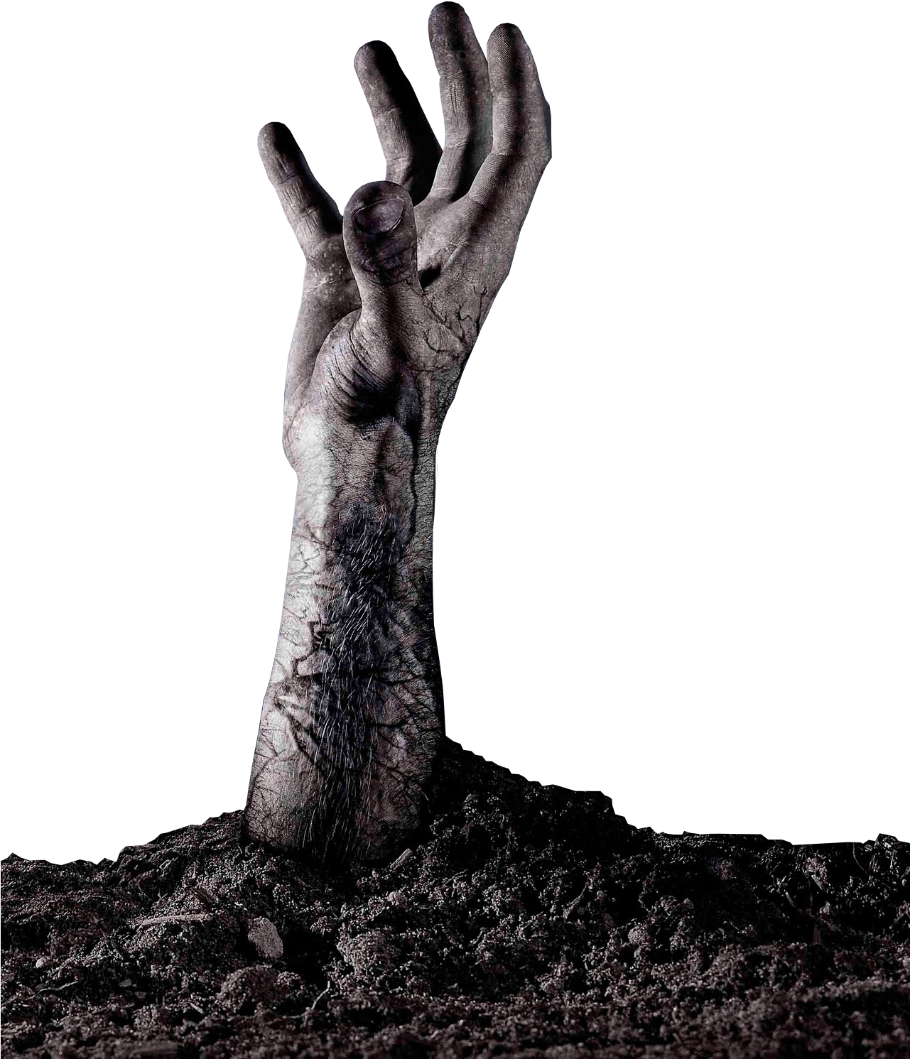 Grey Zombie Hand Rising from Dark Soil