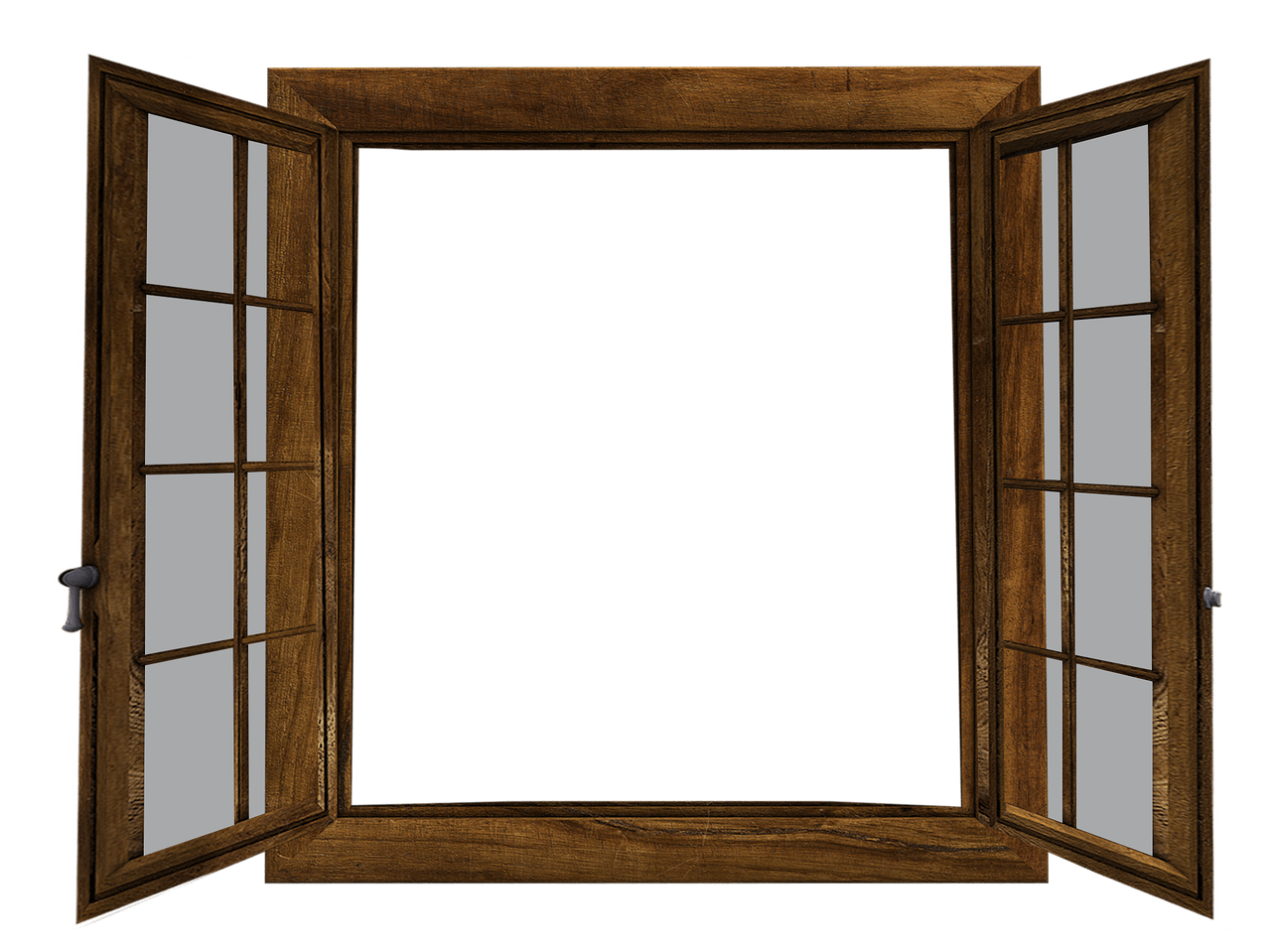 Open Wooden Casement Window with Dark Brown Frame
