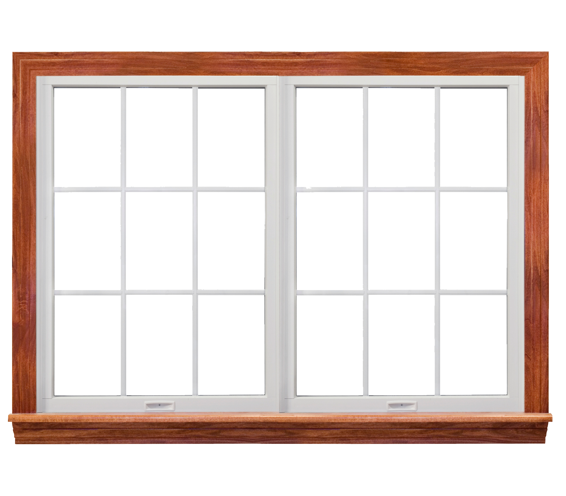 Double Hung Window with Reddish Wood Trim