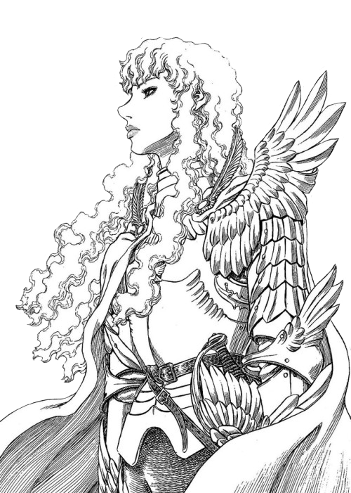 Curly-Haired Winged Warrior Line Art Drawing