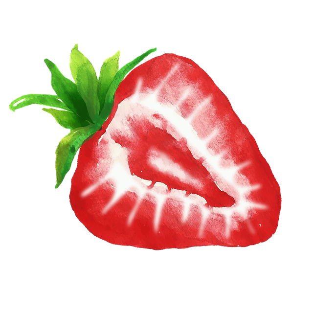 Watercolor Strawberry Half Slice with Green Leaves