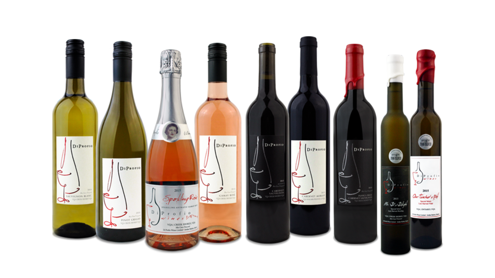 Ten Wine Bottles Lined Up in Red White Rosé
