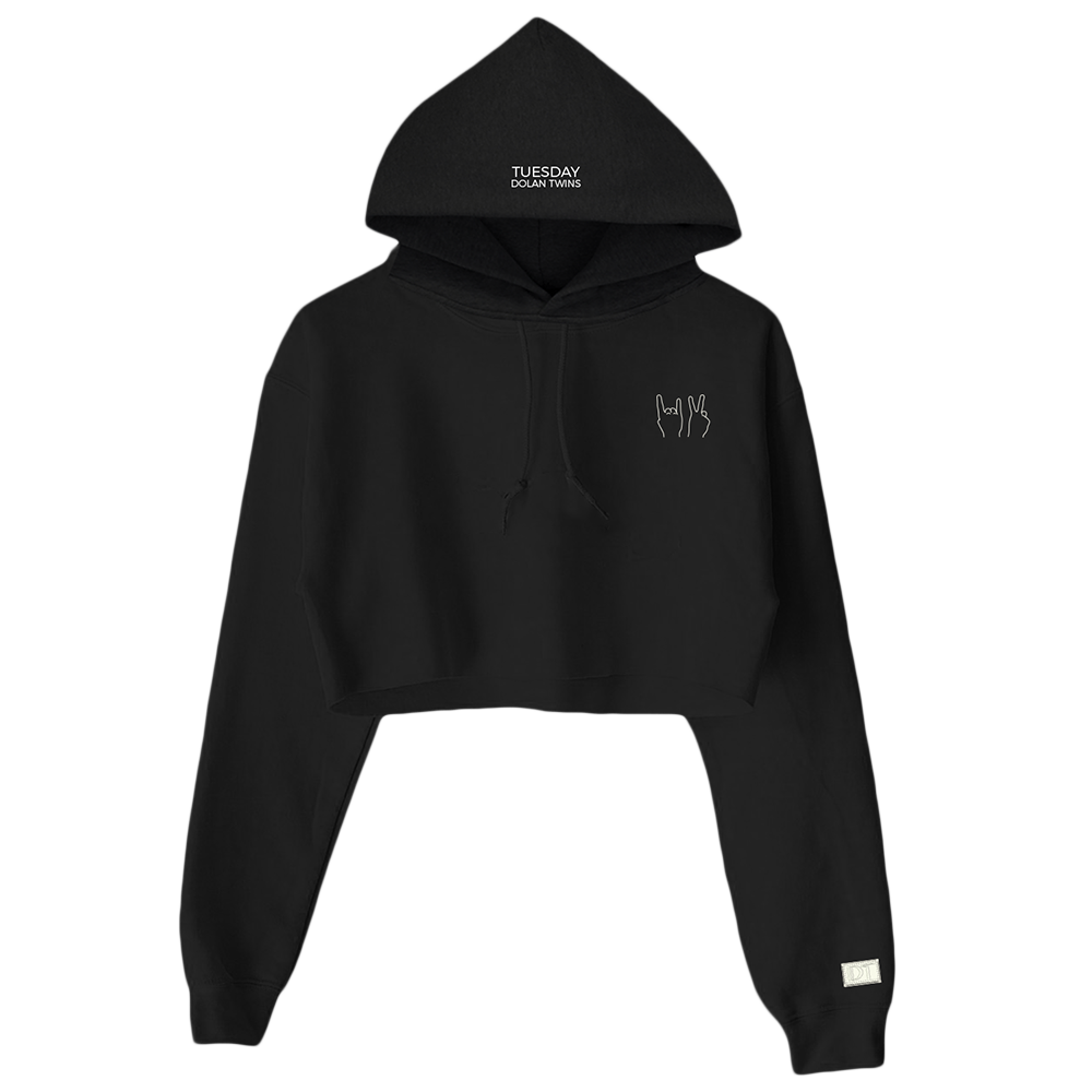 Black Cropped Hoodie with Embroidered Hand Sign