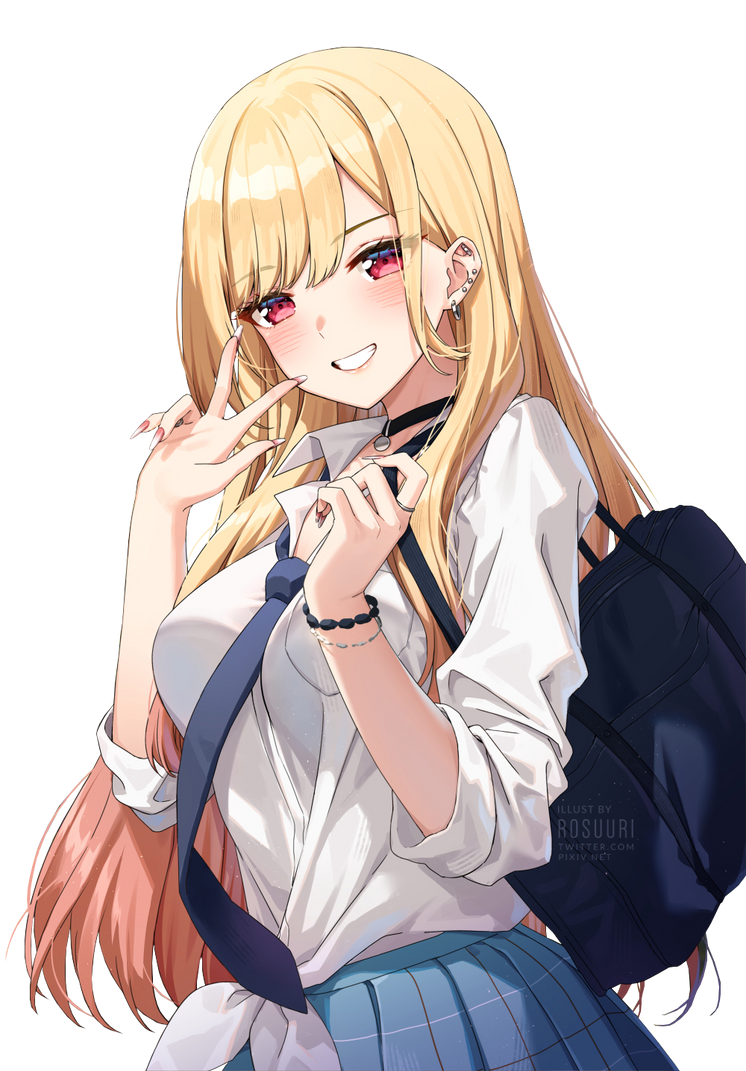 Anime Girl Blonde Hair Schoolgirl Blue Plaid Skirt