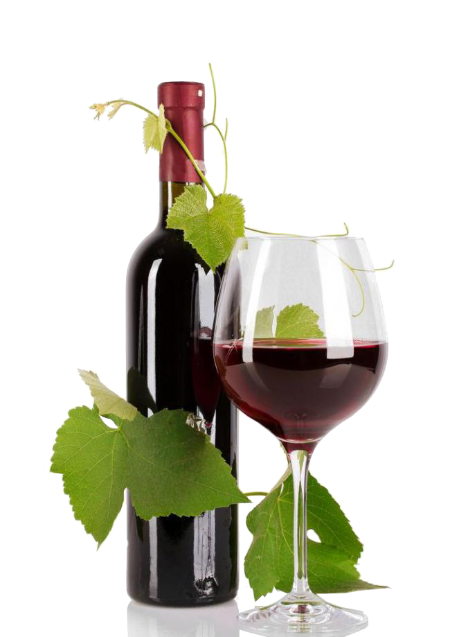 Red Wine Bottle and Glass with Grape Leaves