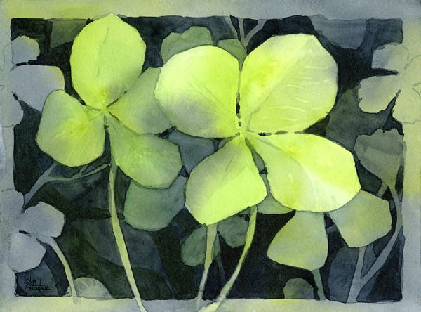 Glowing Yellow-Green Clover Leaves in Watercolor