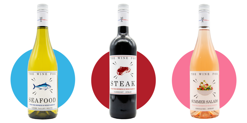 Three Wine Bottles with Pairing Labels