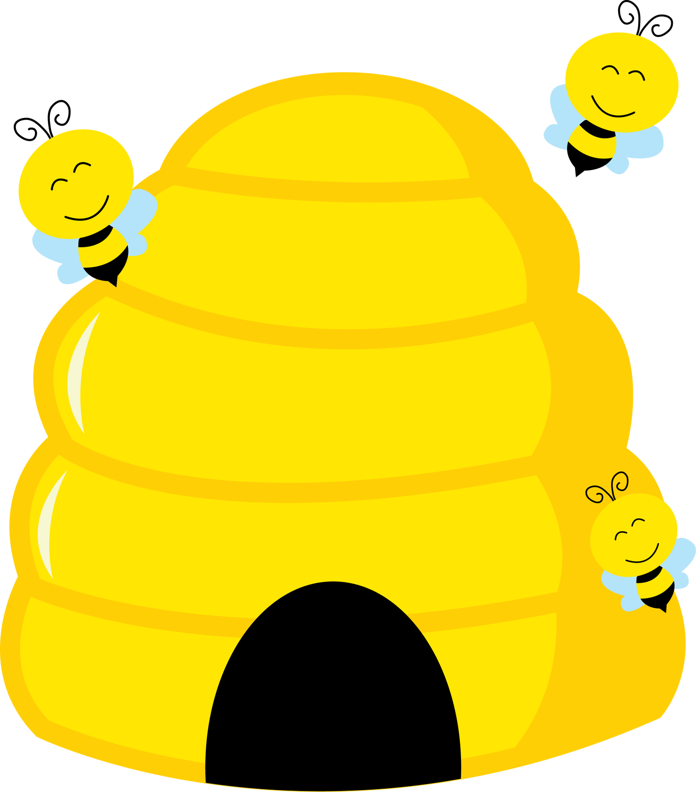Cartoon Yellow Beehive with Three Smiling Bees