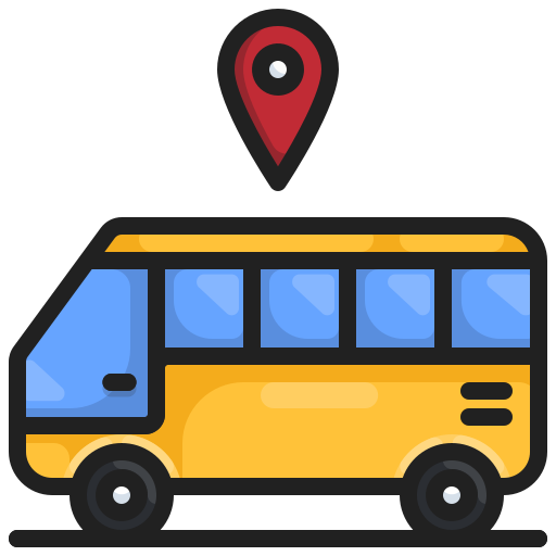 Yellow Bus with Red Map Pin Icon